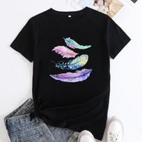 Summer Round Neck Colorful Feather Print Top Fashionable Casual Cute Short Sleeved Women's Pure Cotton T-shirts S juoda