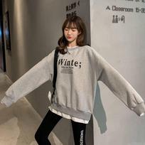 New Korean Style Loose Letters Versatile Fake Two-piece Plus Velvet Round Neck Sweatshirt Female Student Top Coat M