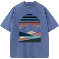 Men's Retro Geometric Maca Sunset Mountain Short-Sleeved 230g Fashion Loose Washed T-Shirt Cotton Summer Cotton Bleached Tshirt S