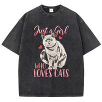 Just A Girl Who Loves Cats Print Women Distress Tshirts Summer Washed T-Shirt Breathable Tee Shirts Soft Cute Clothes S