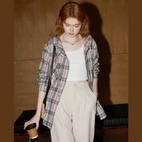 Lazy Teenager Plaid Long-sleeved Shirt for Women Early Autumn Hooded Rotator Sleeve Jacket S
