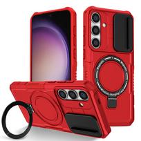 KEYSION Shockproof Case for MagSafe for Samsung Galaxy S24 FE 5G S25 Edge Magnetic Ring Stand Slide Camera Protection Phone Cover for Galaxy S24 FE raudona