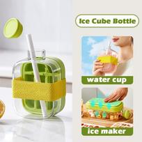 Ice Cube Bottle Tray with Lid, 2 in 1 Water Bottle Ice Cube with Straw, 2025 New One-Touch Ice Release & No Touching,Ice Cube Making Bottle Green-500ml beige