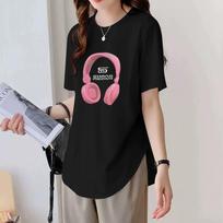 Black Short-sleeved T-shirt for Women's Pure Cotton Summer New Curved Hem Mid-length Butt Top M