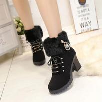 2024 Winter Rhinestone Thick Heel Fur Short Botas Mujer Solid Colour Front Lace Up Non-slip High Heel Big Size Shoes for Women 35 juoda