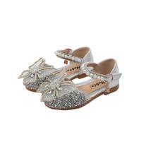 SandaliaSuper Beauty Girl Shoe2024Summer New Bow Princess Shoe Fashion Sandals Soft Sole Dance Shoe Banquet Shoe Casual Kid Shoe 21 insole13.3cm sidabras