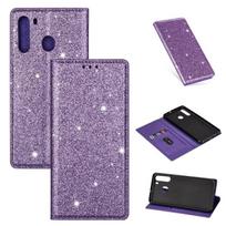 For Samsung Galaxy A21 Ultrathin Glitter Magnetic Horizontal Flip Leather Case with Holder & Card Slots violetinė