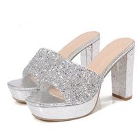 2024Ladies shoes Bohemian new fashion rhinestone slippers Korean version platform high heels women's shoes 35 sidabras