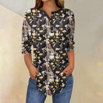 Women's 3/4 Sleeve Easter Egg Bunny Print Button Collar Fashion Casual Top L juoda