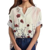 Women's Cotton Linen Round Neck Short Sleeve With Button Tops Printed T-shirt L smėlis