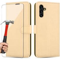 Case - Booling - for Samsung Galaxy A04s - Leather Effect - Golden - with 2 Tempered Glasses auksas