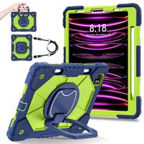 For Apple iPad Air (2022)/ iPad Air 5, 360° Rotating Grip Heavy Duty Protection Stand TPU+PC 3in1 Anti-knock Shockproof Tablets PC Case iPad Air (2022) tamsiai mėlyna spalva