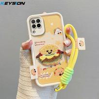 KEYSION Cartoon Cute Plush Embroidery Case for Samsung A12 with Lanyard Soft Silicone Shockproof Phone Back Cover for Galaxy M12 for Samsung A12