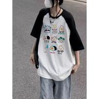 Pure Cotton Rag-shoulder Short-sleeved T-shirt Women's Summer Large-size Fun and Fashionable Printed Contrasting Casual Top S