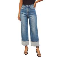 Women Baggy Jeans High Waisted Denim Pants Wide Leg Stretchy Cuffed Hem S tamsiai mėlyna spalva