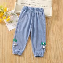 Girls' Tencel Summer Nine-Point Jeans: Cool, Breathable, Anti-Mosquito Pants 100cm gray
