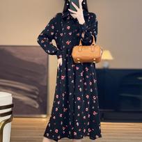 Broken Flower Medium and Long Dress Women's Spring and Summer New Polo Collar Long-sleeved Temperament French Temperament Long Dress M