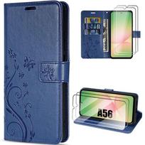 Case for Samsung Galaxy A56 5G - BOOLING - Synthetic Leather Butterfly Flowers Pattern Navy Blue - 2 Tempered Glasses mėlyna