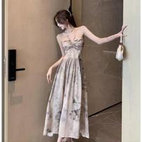 French Suspender Dress for Women In Summer New Style Slim Backless Mid-length A-line Floral Skirt S