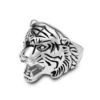 Retro Style Tiger Head Stainless Steel Ring Majestic and Domineering Tiger Roar Titanium Steel Mens Finger Pulling Jewelry 7# white