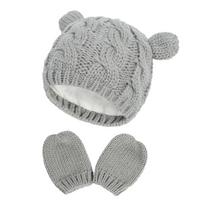 Baby Hat and Mittens Set Kids Knitted Beanie Cap Winter Warm Pompom Hats Gloves S pilka