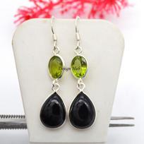 Green Peridot And Black Onyx Earring, 925 Sterling Silver For Valentine Gift Silver Jewelry Earring Handmade Women Wedding Dangle Earring 1.7'' žalia
