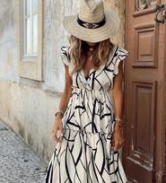 2023 Summer Sleeveless Edible Tree Fungus Dress Casual Loose Geometric Printed Dress Elegant V-neck Ruffled Dress Vestidos 26159 XL balta
