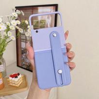 For Samsung Galaxy Z Flip 4 3 Case Luxury Contrasting Colors Leather Retractable Wrist Strap Folding Shockproof Protection Cover For Samsung Z Flip 4 violetinė