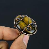 Tiger Eye Gemstone Copper Wire Wrapped Handmade Jewelry Ring For woman 4 geltona
