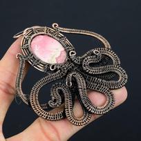 Unique Octopus Shape Rhodochrosite Gemstone Jewelry Pure Copper Wire Wrapped Handmade Pendant 3.35 Inches rožinė