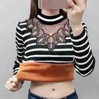 Plius Velvet Lace Tuščiaviduriai dryžuoti ploni apatiniai marškinėliai ilgomis rankovėmis plius dydžio storos palaidinės marškinėliai XXXL black