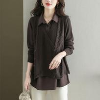 Autumn Loose Shirt Collar Sweater Fake Two-piece Blouse Women Spring Autumn Sweater One size kava
