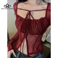 New Sexy Wine Red Mesh Square Collar Top Design Sense Y2K Tee Club Party Tight Lace-Up Long Sleeve Top S raudona