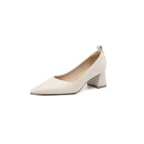 Krazing Pot Cow Leather Pointed Toe Thick Med Heels Spring Shoes Solid Big Size 43 Women Shallow Pumps 34 smėlis