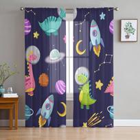Space Rocket Planet Dinosaur Sheer Curtains For Living Room Bedroom Tulle Curtains Kitchen Window Treatments Panel Drapes 135W x 114H(cm) blue