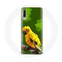 Coque pour Samsung Galaxy A70 Perruches perroquets Jaune Fond Bleu