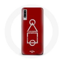 Coque pour Samsung Galaxy A70 Squid Game logo symboles cercle carre triangle Fond Rouge raudona
