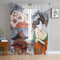 Japoniškos geišos tiulio užuolaidos, skirtos gyvenamojo kambario miegamojo dekorui Šifonas  Sheer Voile  virtuvės lango užuolaidos 135W x 114H(cm) black