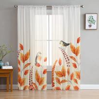 Thanksgiving Fall Plants Robin Living Room Bedroom Transparent Sheer Curtains Holiday Decoration Window Voile Tulle Curtain 135W x 114H(cm) white