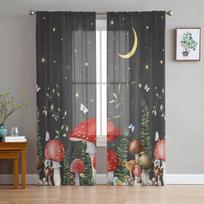 Shiitake Mushroom Flower Moon Bedroom Transparent Sheer Curtains Holiday Decoration Window Voile Tulle Curtain 135W x 114H(cm) black
