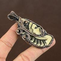 Natural Tribal Bone Face Cameo Handmade Copper Wire Wrap Pendant 3.15  n6C21