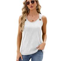 Summer New Solid Color Round Neck Sleeveless Vest Metal Ring Loose Top S juoda