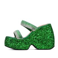 Krazing Pot Platform Slip on Peep Toe Super aukštakulniai vasariniai batai kasdieniai dėvimi mulai blizgučiai audiniai, madingi moteriški sandalai 34 žalia