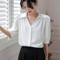 Polo Collar trumpomis rankovėmis moteriški marškinėliai su V formos iškirpte pūstomis rankovėmis Chic Temperament Profesionalūs šifoniniai marškinėliai vidutinėmis rankovėmis XL žalia