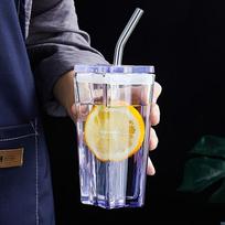 2pcs 300ml/10.1oz Glass Water Cup Pentagram Cocktail Cup Household Outdoor Cup With Straw Blue + Purple 2 Pack