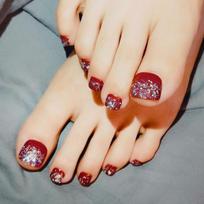 24pcs/set Quick Nails Burgundy Manicure Glitter Large Sequin Toenail Stickers Press on Nail Wearable Finished Fake Nails raudona