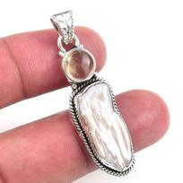 Natural Biwa Pearl,Citrine Gemstone 925 Solid Sterling Silver Pendant 1.75  L8k19 brown