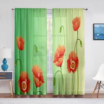 Red Orange Floral Sheer Voile Curtain Poppy Flower Painting Window Tulle Curtains for Living Room Bedroom Kitchen Modern Decor 1 PCS W100XH250cm&Grommet Top gray