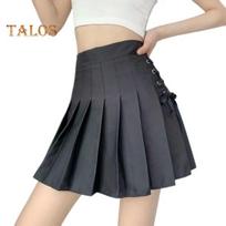 Women Mini Skirt High Waist Side Lace-up Pleated Skirt Solid Color A-Line Skirt with Lining Bottoming Shorts Streetwear S juoda