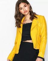 Designer Motorcycle Genuine Stylish Yellow Lambskin Leather Zipper Women Jacket S geltona